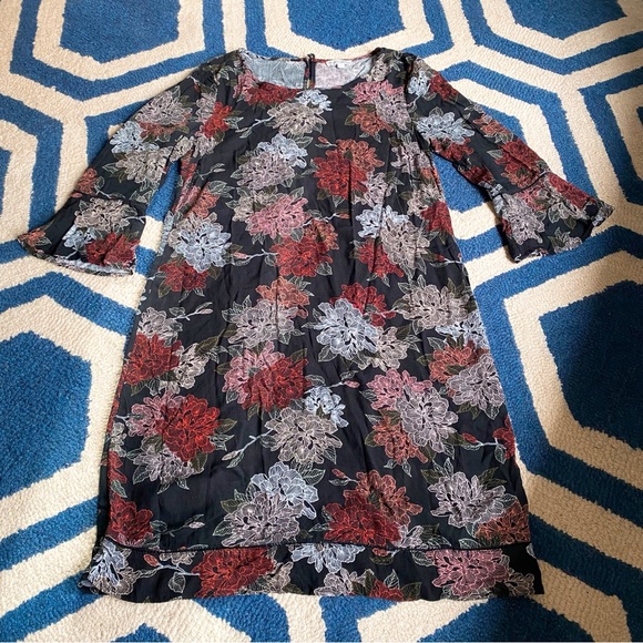 🍂 TARGET COLLECTION BOHO BLACK GREEN MULTI FLORAL CAPRI SLEEVE LOOSE FIT DRESS! - Picture 6 of 14